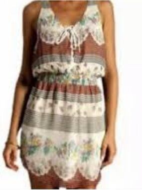 Free People Brown and White Floral Lace-Trim Mini Dress